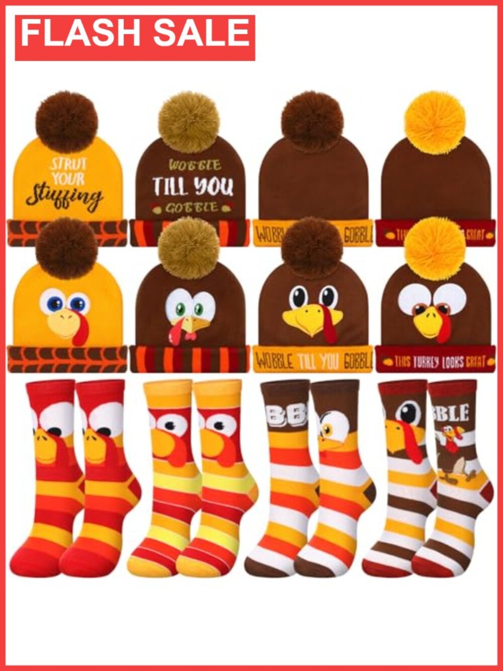 Thanksgiving Turkey Trot Beanie Hat and Sock Set Knit Pom Pom Caps